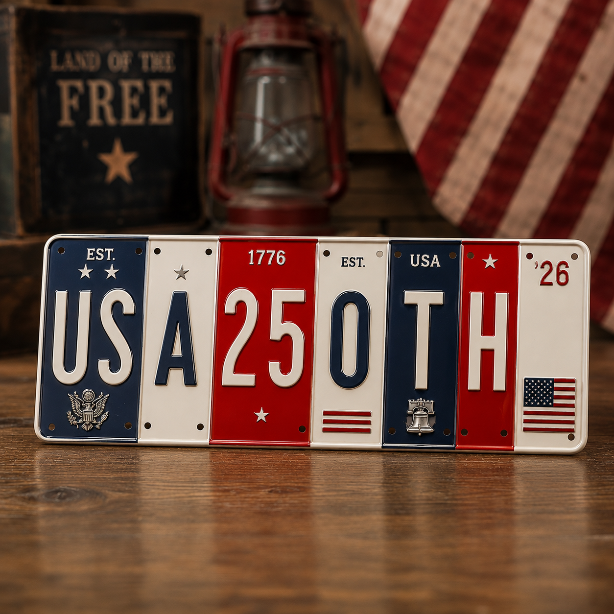 USA 250th License Plate Sign Vintage Americana Wall Decor