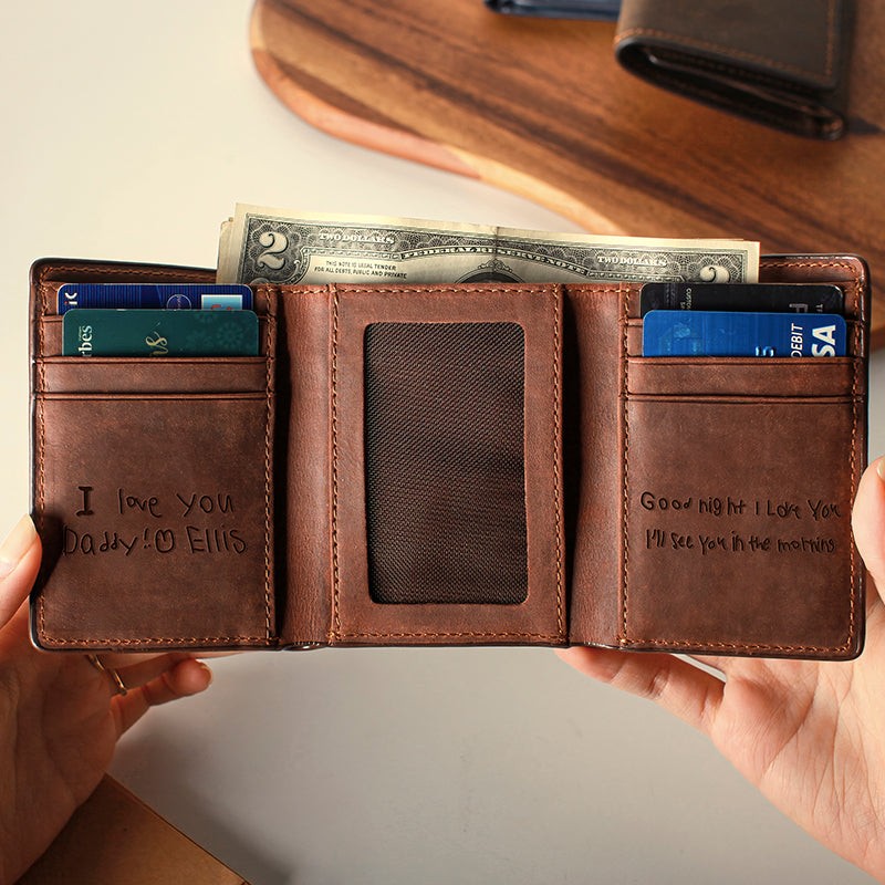 Custom Handwritten Note Leather Wallet Personalized Gift for Him Father's Day Gift