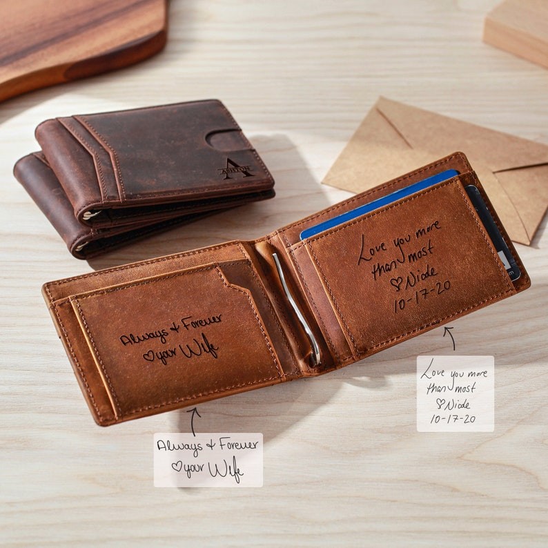 Custom Handwritten Note Leather Wallet Personalized Gift for Him Father's Day Gift