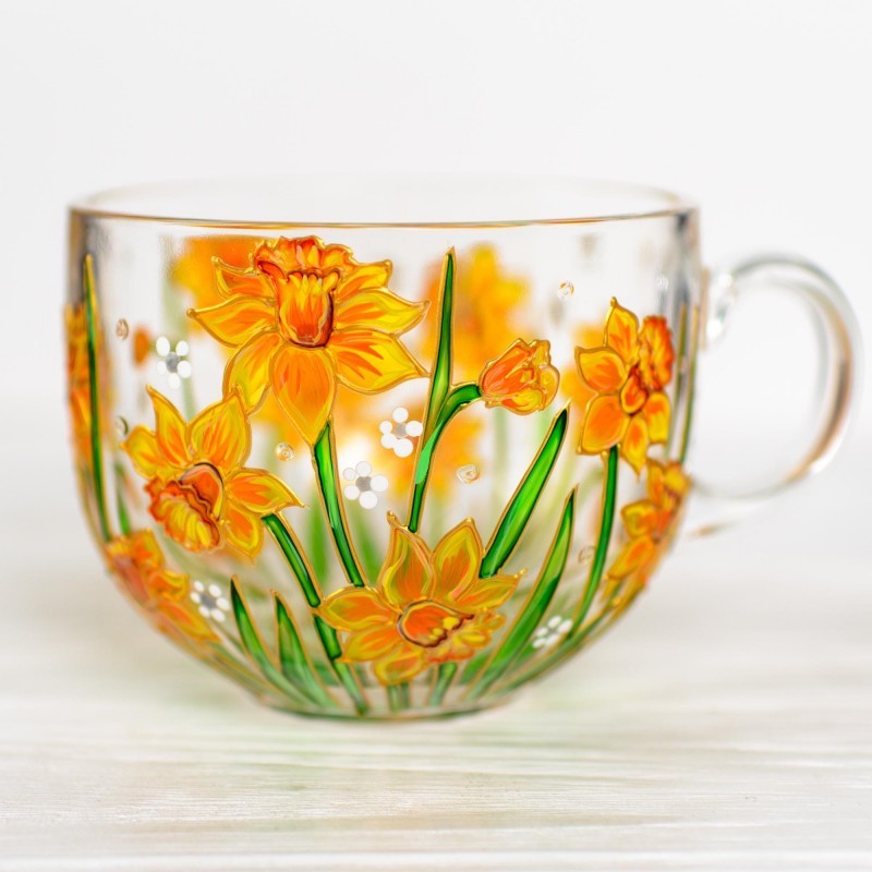 March Handmade 3D Birth Flower Glass Mug Featuring Daffodils Birthday Mother’s Day Gift