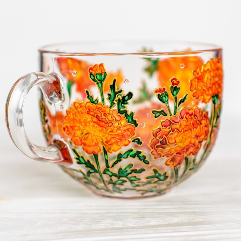 October Handmade 3D Birth Flower Glass Mug Featuring Marigolds Birthday Mother’s Day Gift