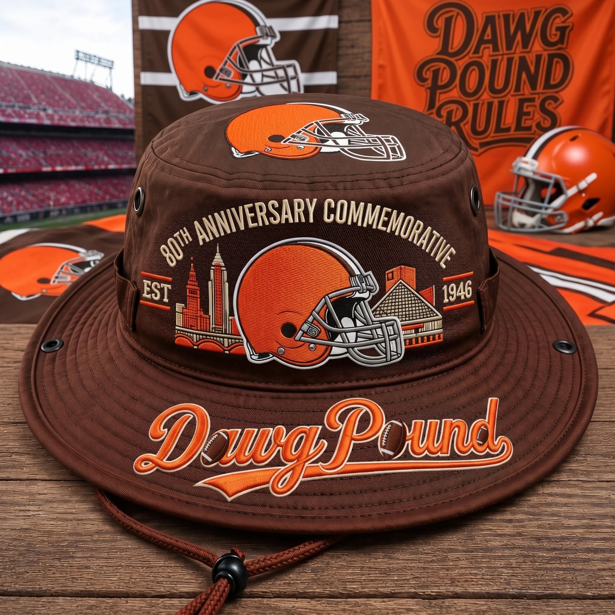 Dawg Pound 80th Anniversary Commemorative Boonie Hat, Football Fan Wide Brim Hat, Game Day Outdoor Hat