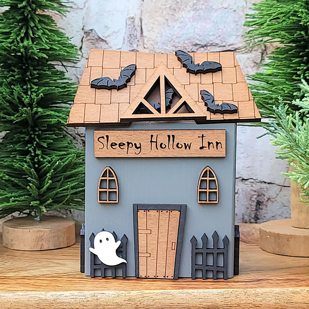 Personalized Handmade Ghost House Figurines for Halloween Wooden Tiered Tray Village Decor
