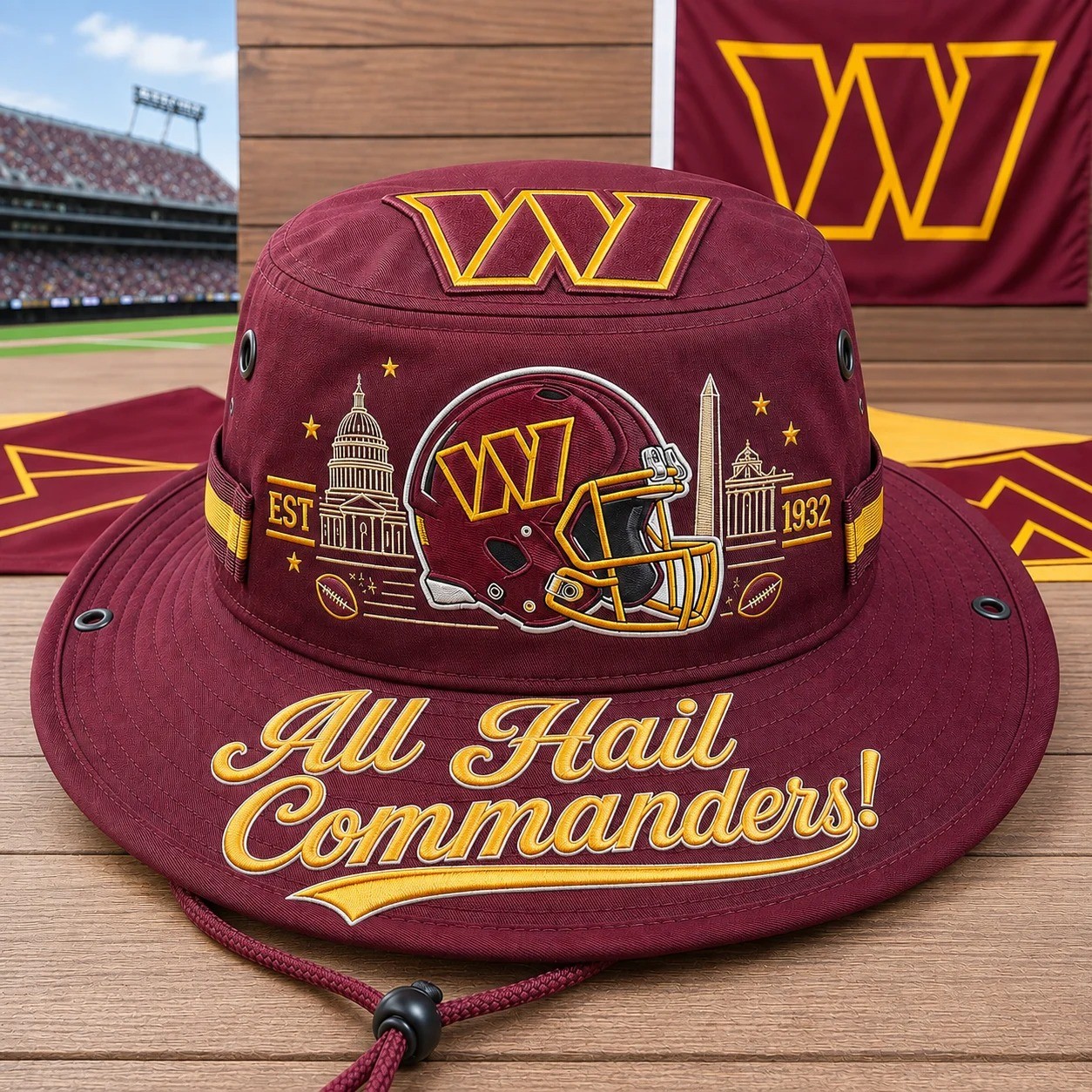 All Hail Commanders Boonie Hat, Football Fan Wide Brim Hat, Game Day Outdoor Hat