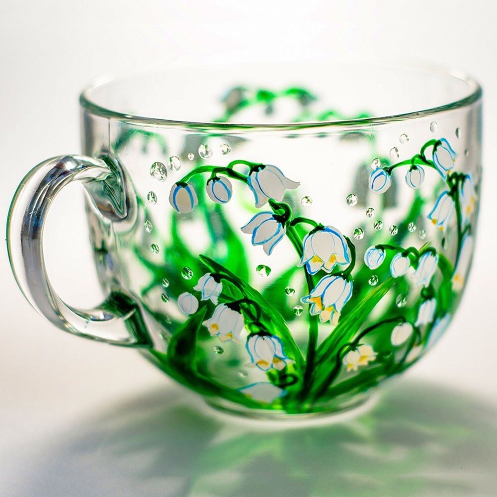 May Handmade 3D Birth Flower Glass Mug Featuring Lily of the Valley Birthday Mother’s Day Gift