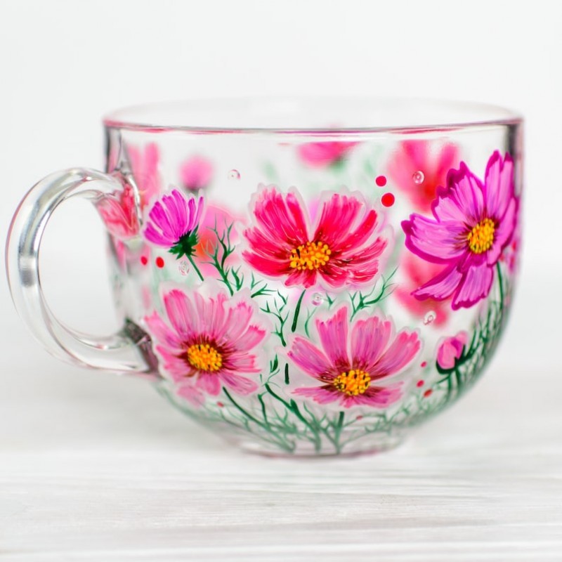 October Handmade 3D Birth Flower Glass Mug Featuring Cosmos Birthday Mother’s Day Gift