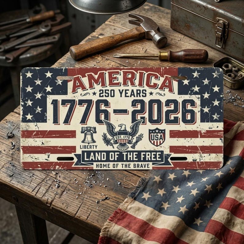 USA 250th License Plate Sign Vintage Americana Wall Decor