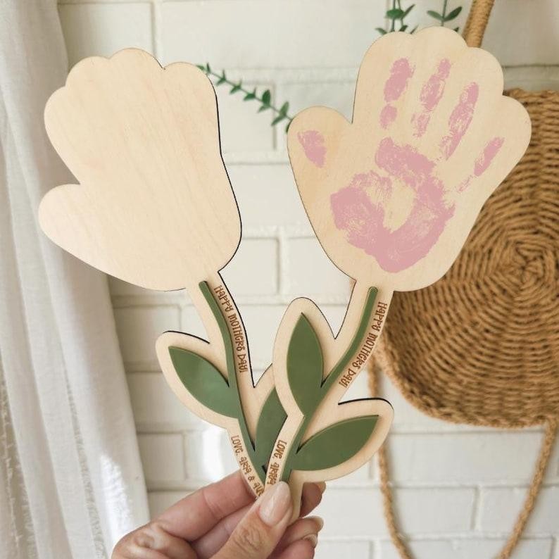 Custom DIY Flower Kids Handprint and Name Sign Gift for Mom or Grandma Mothers Day Gift