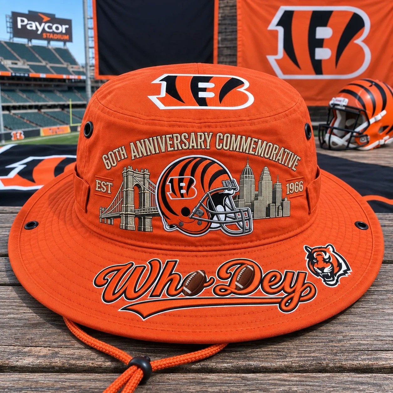 Who Dey 60th Anniversary Commemorative Boonie Hat, Football Fan Wide Brim Hat, Game Day Outdoor Hat