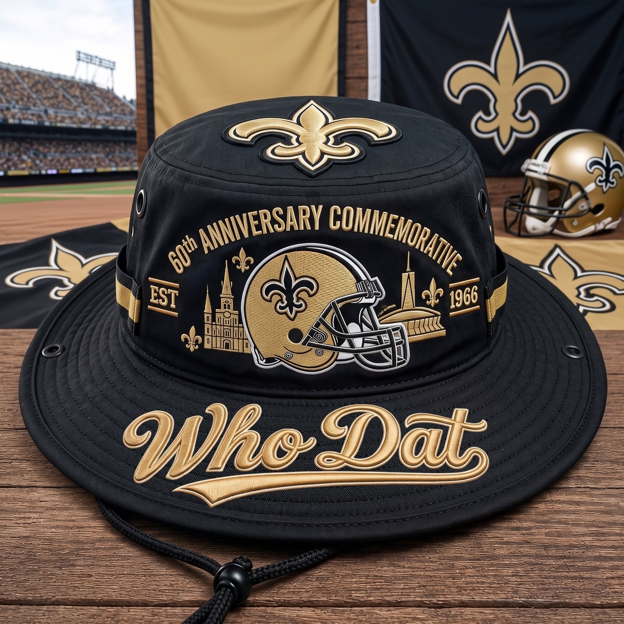 Who Dat 60th Anniversary commemorative Boonie Hat, Football Fan Wide Brim Hat, Game Day Outdoor Hat
