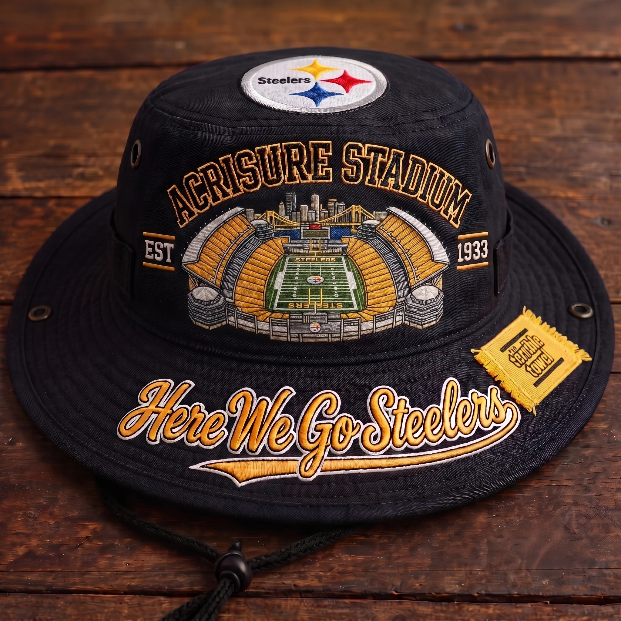 Here We Go Steelers Acrisure Stadium Boonie Hat, Football Fan Wide Brim Hat, Game Day Outdoor Hat