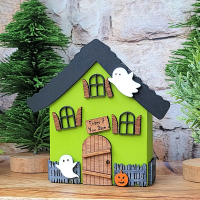 Personalized Handmade Ghost House Figurines for Halloween Wooden Tiered Tray Village Decor