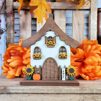 Personalized Wooden Fall House Figurines for Rustic Tray Shelf or Entryway Decor