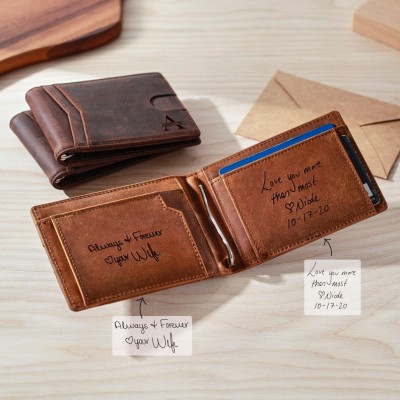 Custom Handwritten Note Leather Wallet Personalized Gift for Him Father's Day Gift