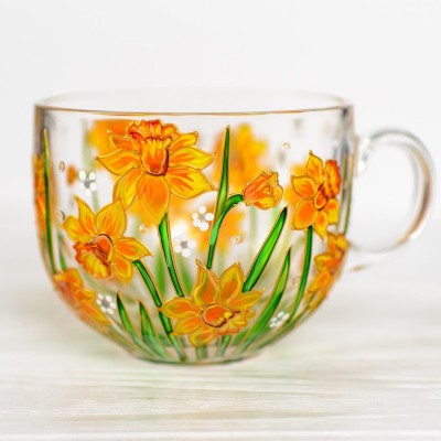 March Handmade 3D Birth Flower Glass Mug Featuring Daffodils Birthday Mother’s Day Gift