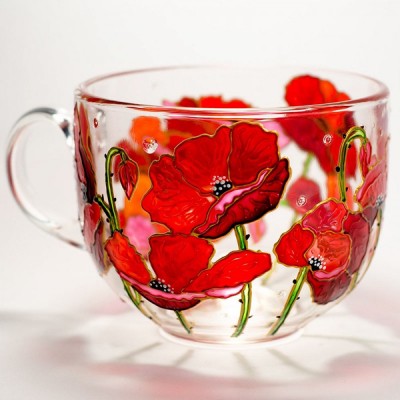 August Handmade 3D Birth Flower Glass Mug Featuring Poppies Birthday Mother’s Day Gift