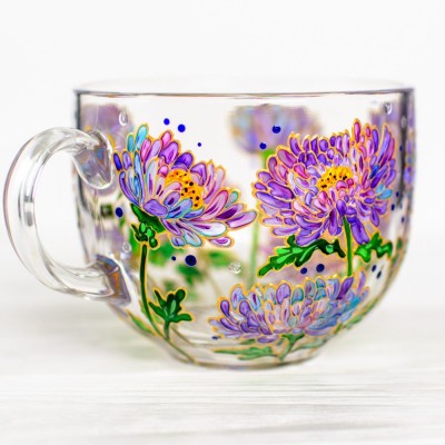 September Handmade 3D Birth Flower Glass Mug Featuring Asters Birthday Mother’s Day Gift