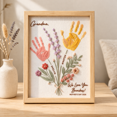 Personalized Wood Embroidery Flower Handprint Art Frame for Mom Mother's Day Gift