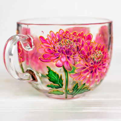 November Handmade 3D Birth Flower Glass Mug Featuring Chrysanthemums Birthday Mother’s Day Gift