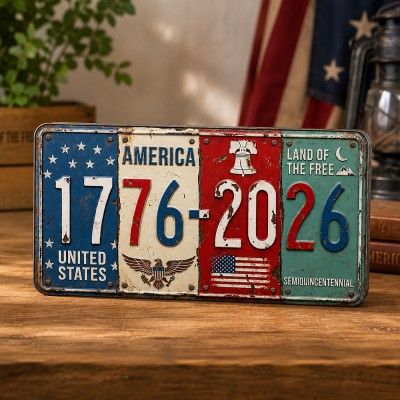 USA 250th Anniversary Block Sign Rustic License Plate Art 1776-2026 Semiquincentennial Decor
