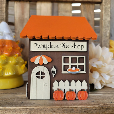 Personalized Wooden Fall House Figurines for Rustic Tray Shelf or Entryway Decor