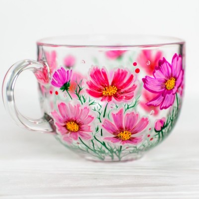 October Handmade 3D Birth Flower Glass Mug Featuring Cosmos Birthday Mother’s Day Gift