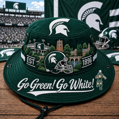 Go Green! Go White! Boonie Hat, College Football Fan Wide Brim Game Day Hat