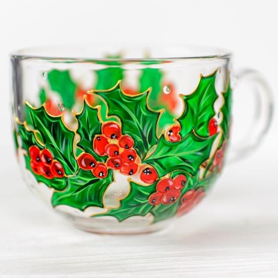 December Handmade 3D Birth Flower Glass Mug Featuring Holly Birthday Mother’s Day Gift