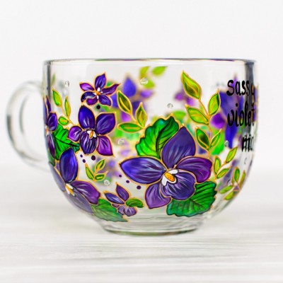 February Handmade 3D Birth Flower Glass Mug Featuring Violets Birthday Mother’s Day Gift