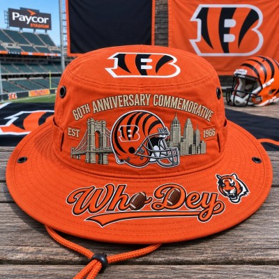 Who Dey 60th Anniversary Commemorative Boonie Hat, Football Fan Wide Brim Hat, Game Day Outdoor Hat