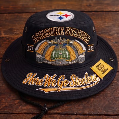 Here We Go Steelers Acrisure Stadium Boonie Hat, Football Fan Wide Brim Hat, Game Day Outdoor Hat