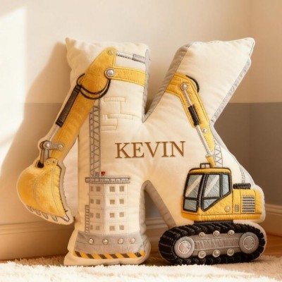 Personalized Excavator Letter Pillow with Custom Name Design